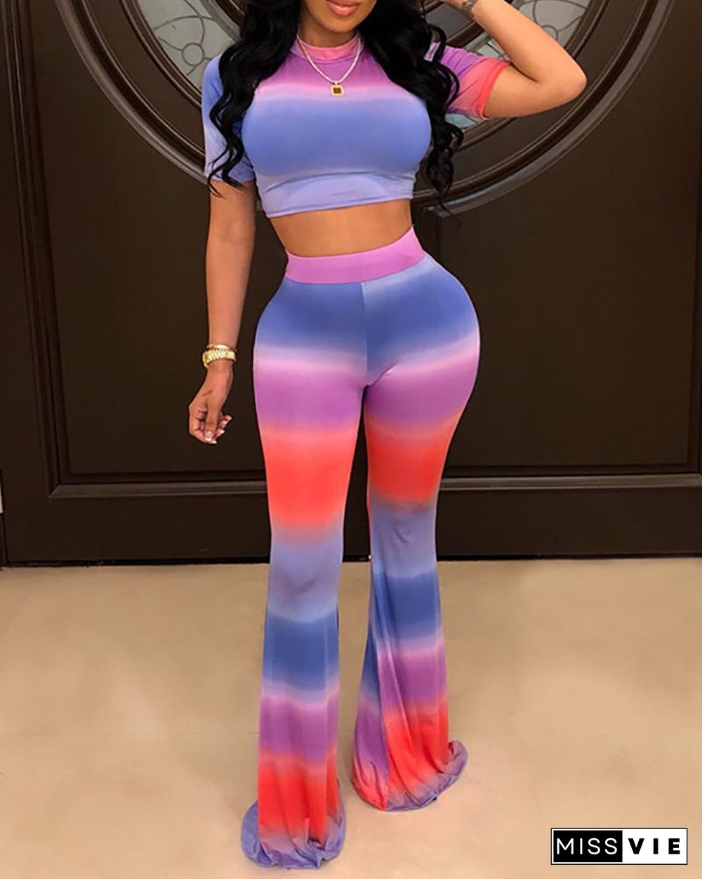 Colorblock Crop Top & Bootcut Pants Set