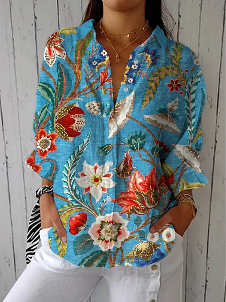 Women's Vintage Floral Art Print Casual Cotton Linen V-neck Shirt