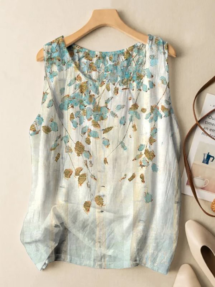 Comstylish Women's Colorblock Fallen Leaves Vine Art Print Casual Tank Top