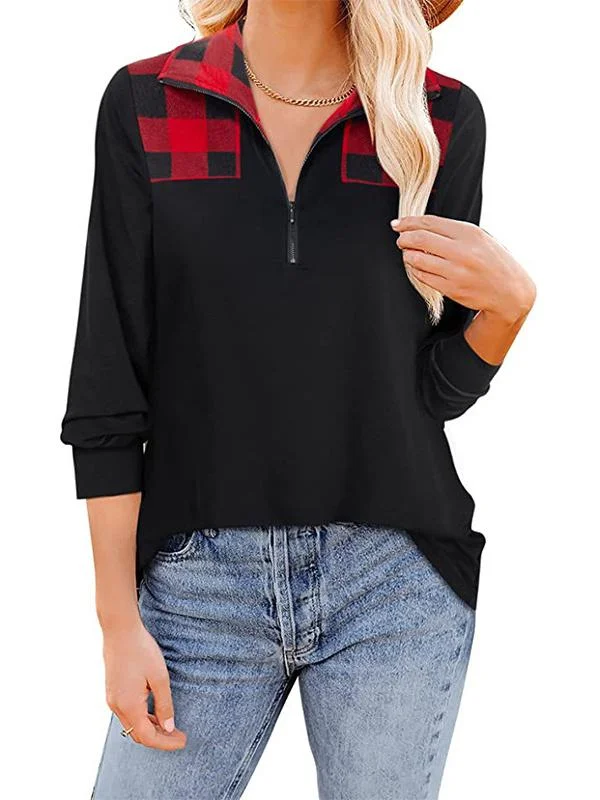 Women Long Sleeve Stand-up Collar Colorblock Plaid Top