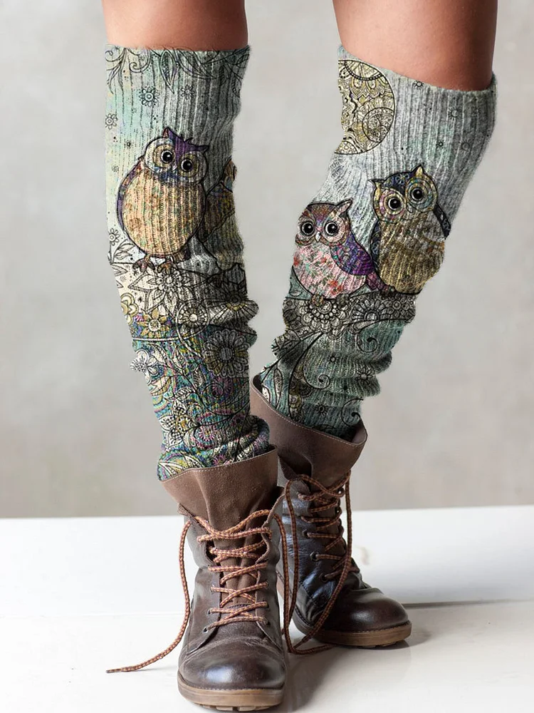 （Ship within 24 hours）Retro owl print knit leg warmers boot cuffs
