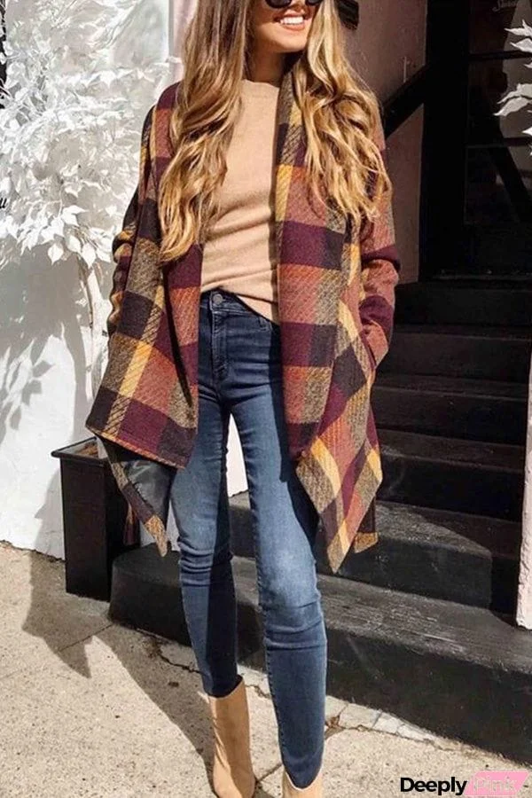 Asymmetric Plaid Wrap Coat