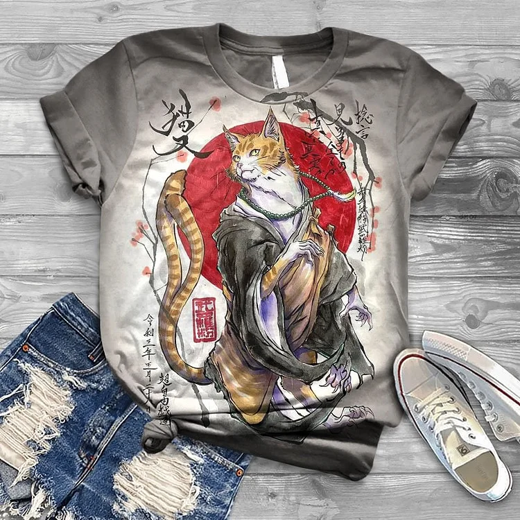 Comstylish Japanese Nekomata Print Crew Neck Cozy Vintage T-Shirt