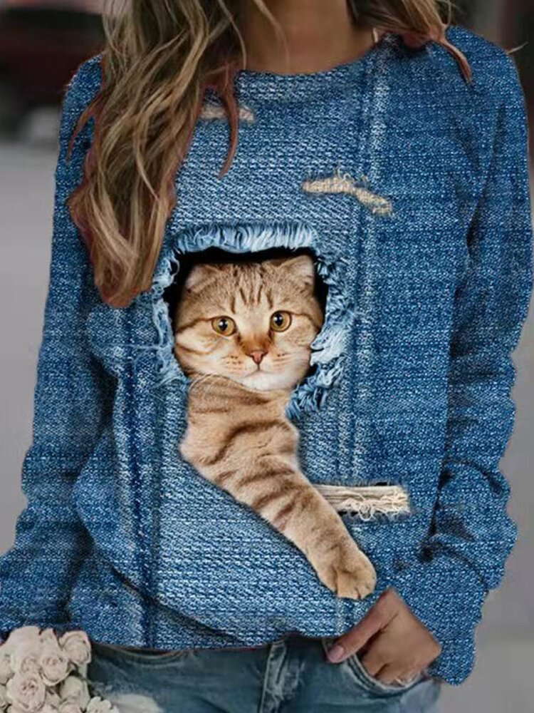 Cute Cat Print Long Sleeves O-neck Casual Sweatshirt For Women - Shop Trendy Women's Clothing | LoverChic