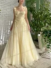 Pale Yellow 3D Floral Ball Gown A Line Sweetheart Bodice Corset Prom Dress Tulle Princess Floor Length Evening Robe Party Special Occasion