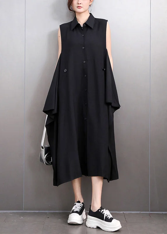 Black Pockets Button Maxi Dresses Summer