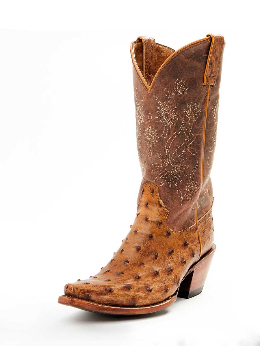 Tan Faux Ostrich Leather Snip Toe Floral Embroidered Cowgirl Boots