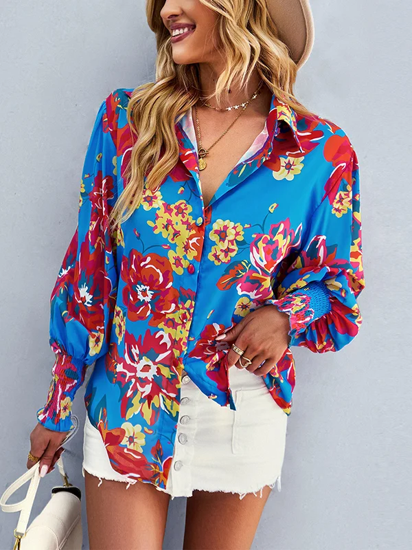 Flower Print Elasticity Buttoned Loose Long Sleeves Lapel Blouses&Shirts Tops