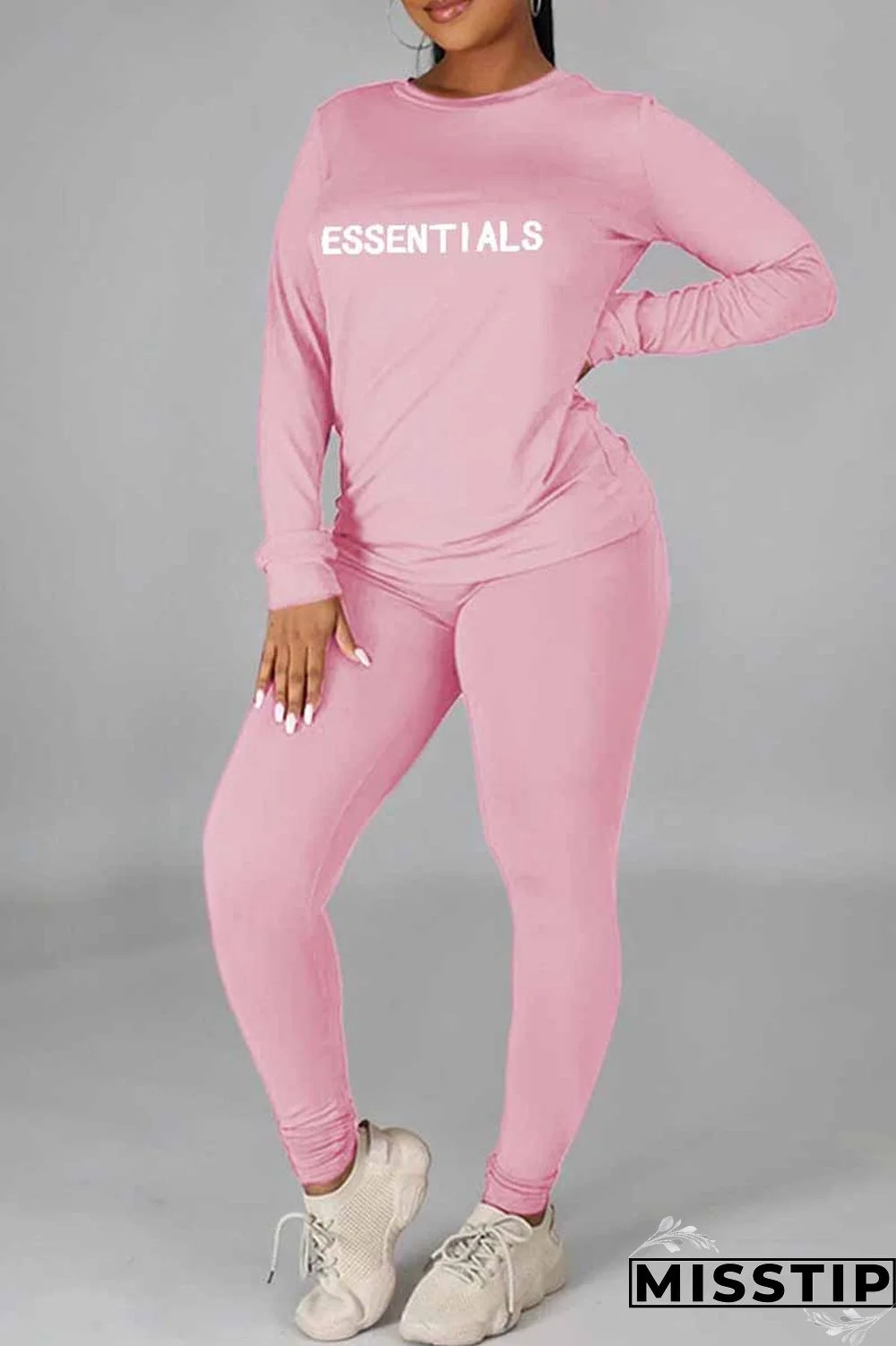 Pink Casual Print Letter O Neck Long Sleeve Two Pieces