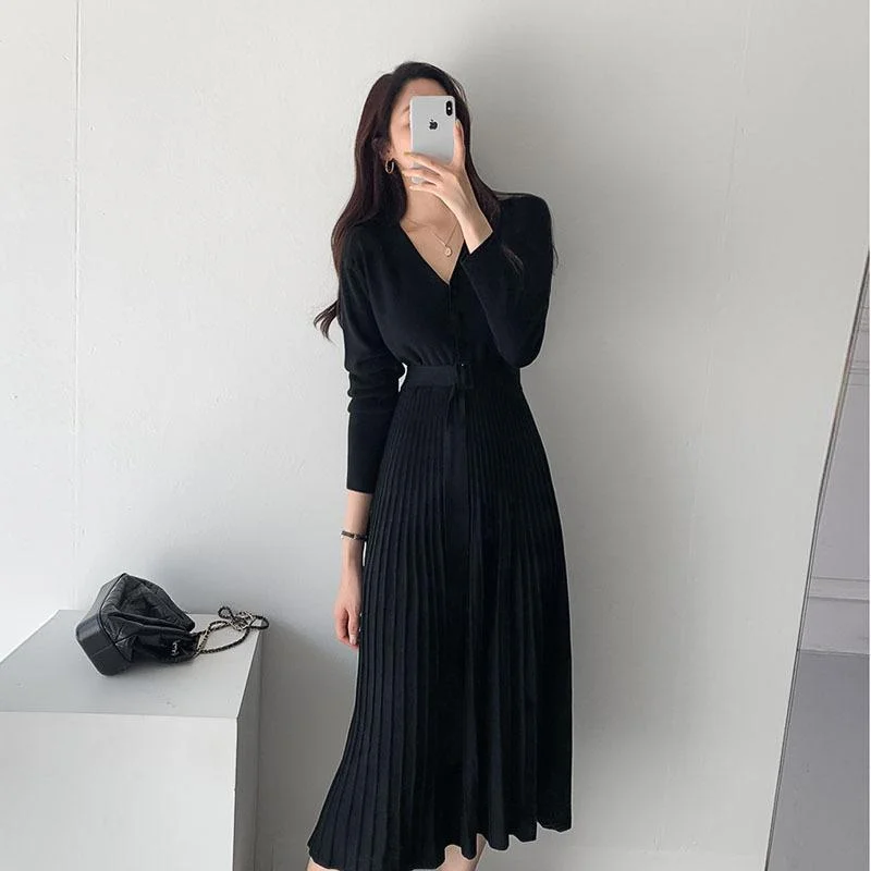 Women Sweater Dress 2022 Thicken Winter Knitted dress Belted female's Elegant V-neck robe Single-breasted A-line woman clothes