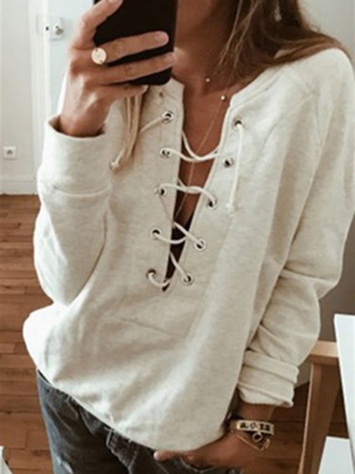 2019 Womens Fall/Autumn Sweatshirts Plain Casual Eyelet V Neck