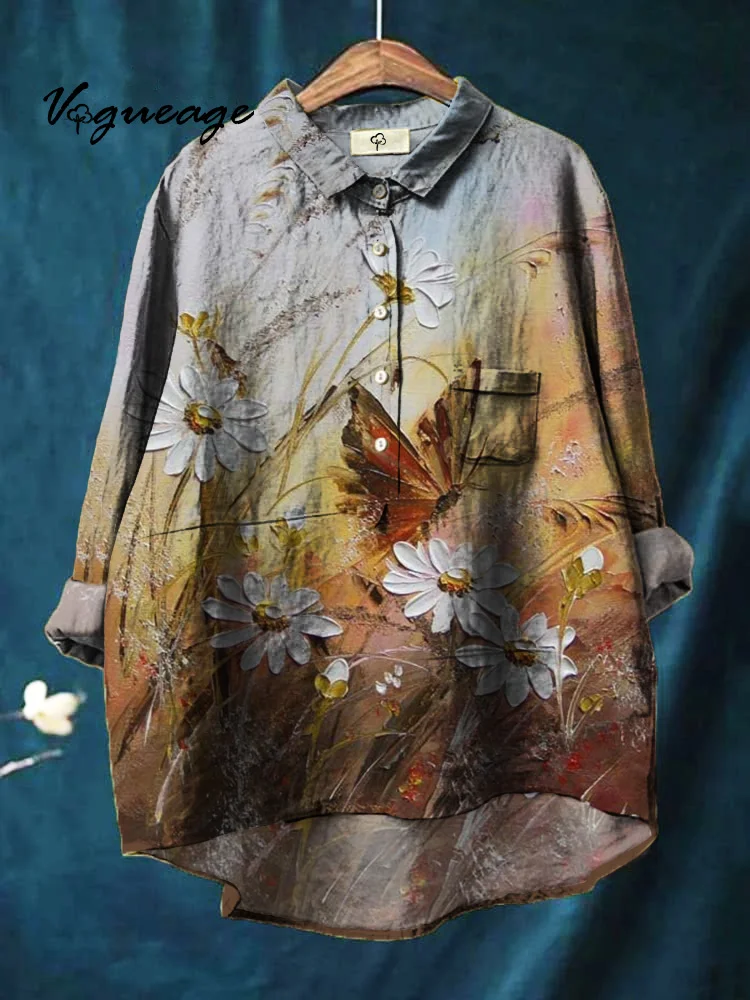 Oil Painting Daisy Butterfly Printed Cotton And Linen Shirt
