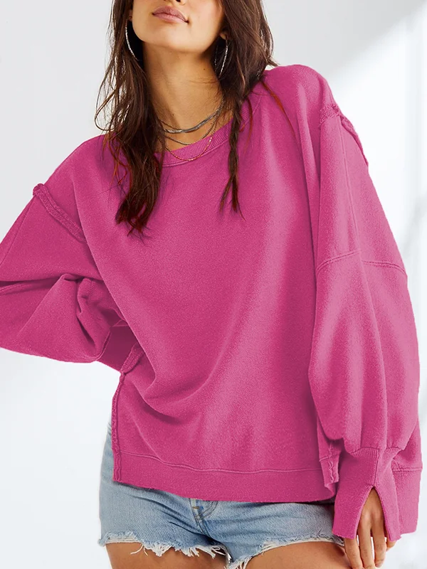 Split-Side Split-Joint Solid Color Fringed Loose Long Sleeves Round-Neck Sweatershirt