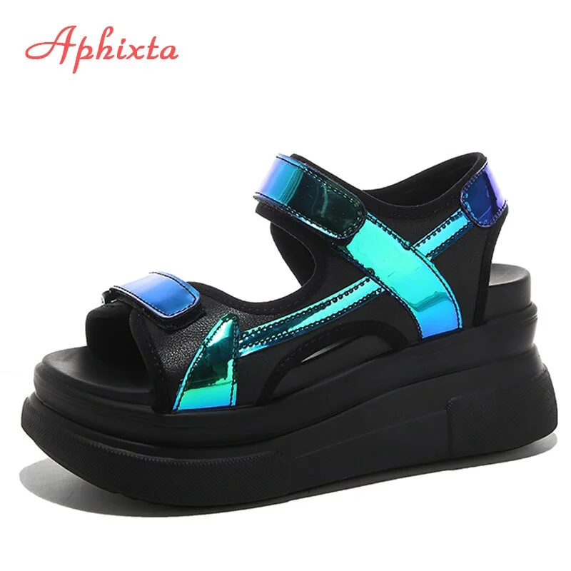 Aphixta 10cm / 3.94inch Fashion High Heel Platform Sandals Women Open Toe Reflective Color Leather White platform wedge sandal