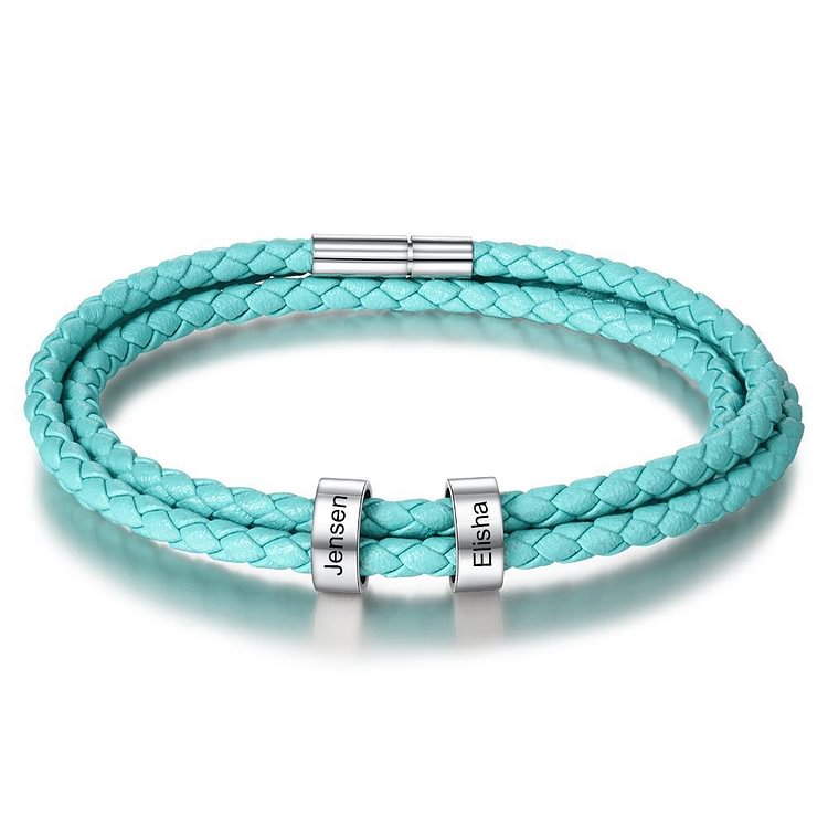 Pulsera Hombre 7 Colores Cuero Trenzado Personalizada 2 Nombres 2 Cuentas