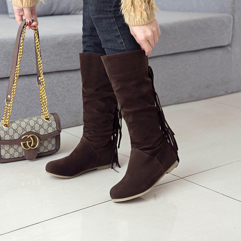 VCSHOES Suede Fringe Knee High Round Toe Boots