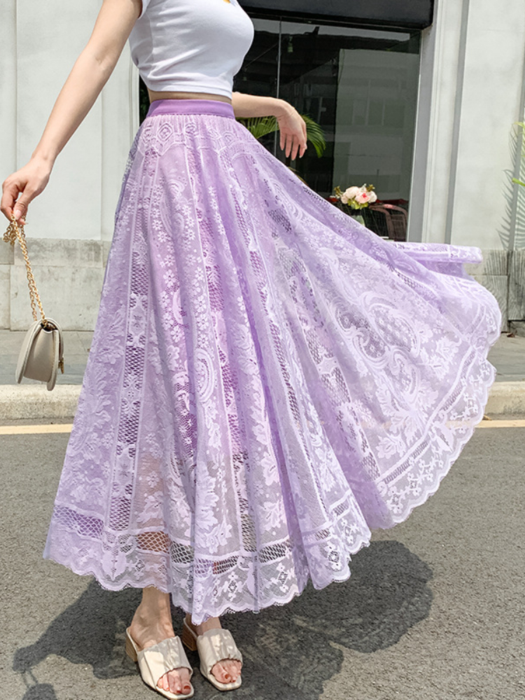 Fashionable Elegant Hollow Lace High Waist Slim A-Line Pleated Skirt