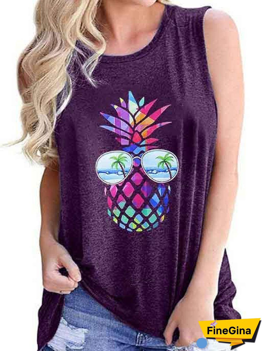 Women's Loose Sleeveless Round Neck Coloured Print T-shirt