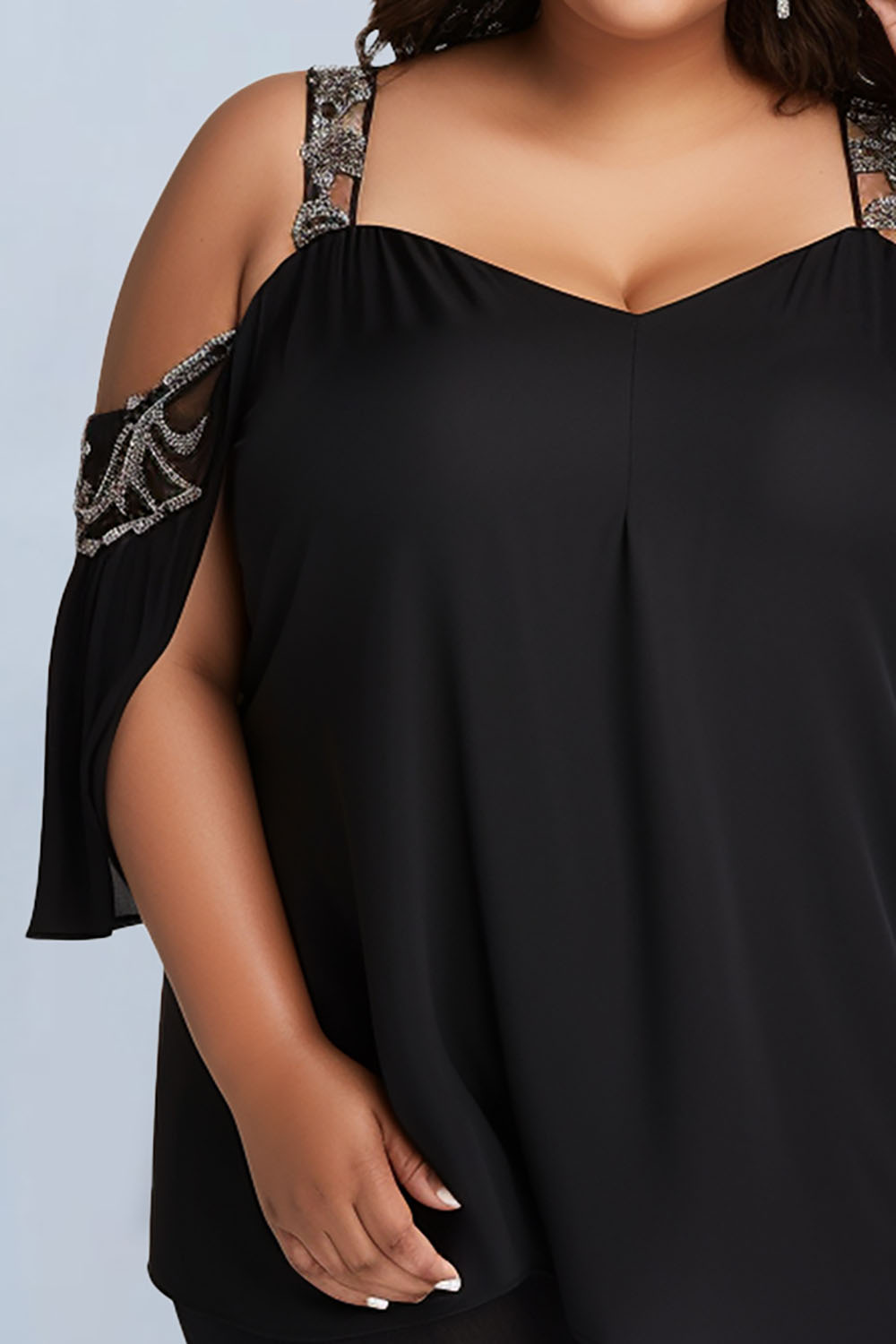 Design Plus Size Daily Black Open Shoulder 3/4 Sleeve Knitted Blouses [Pre-Order]