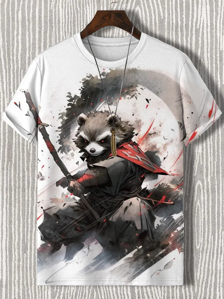 Men's Heroic Raccoon Warrior Ink Art Painting Print Casual T-Shirt