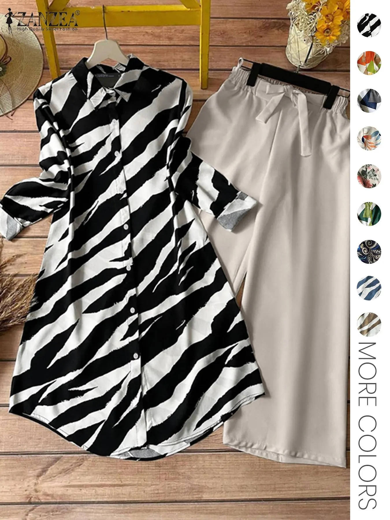 Two-piece Women's All-Over Print Button Shirt & Wide Leg Pants Set, Casual Long Sleeve Collared Top & Trousers for Daily Wear, Ladies Clothes for All Seasons