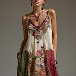 Bohemian Style Plant Flower And Butterfly Pattern Embroidery Design V-neck Woman's Long Dress - Image 2