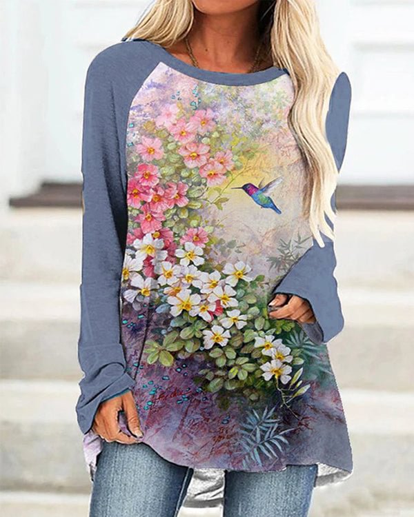 Casual Floral Round Neck Long Sleeve Top