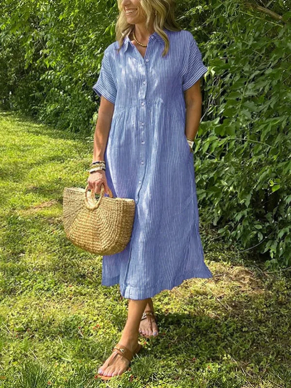 🔥Abito chemisier con bottoni e revers a righe | Con tasche funzionali