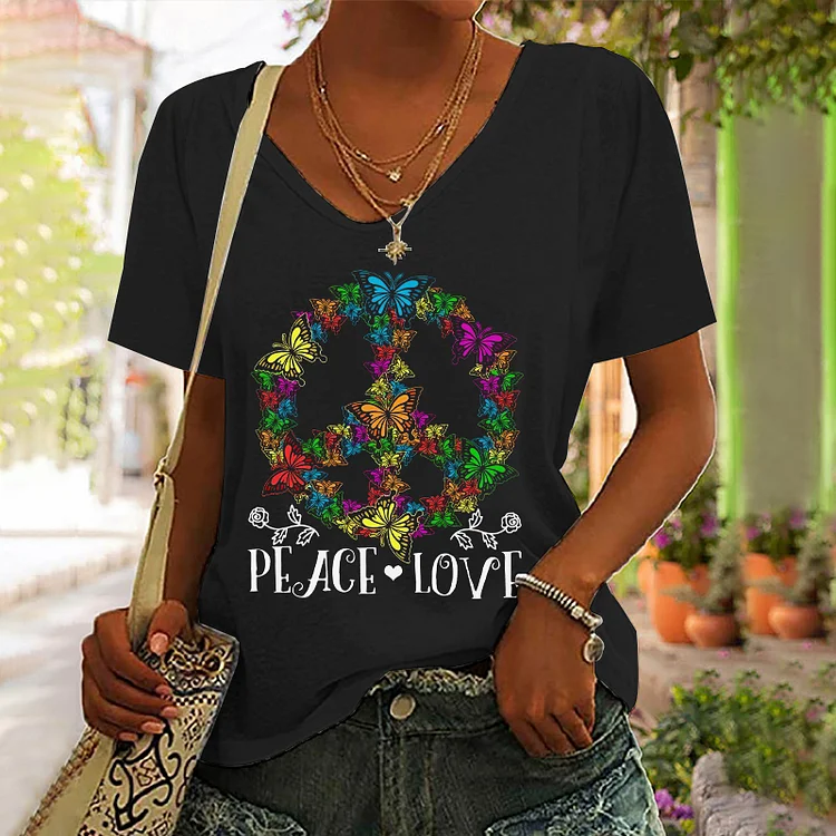 Peace Love Printed V-neck Women's T-shirt socialshop