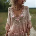 Boho Pink Roses Gradient Flare Flowy Linen Tunic - Image 2