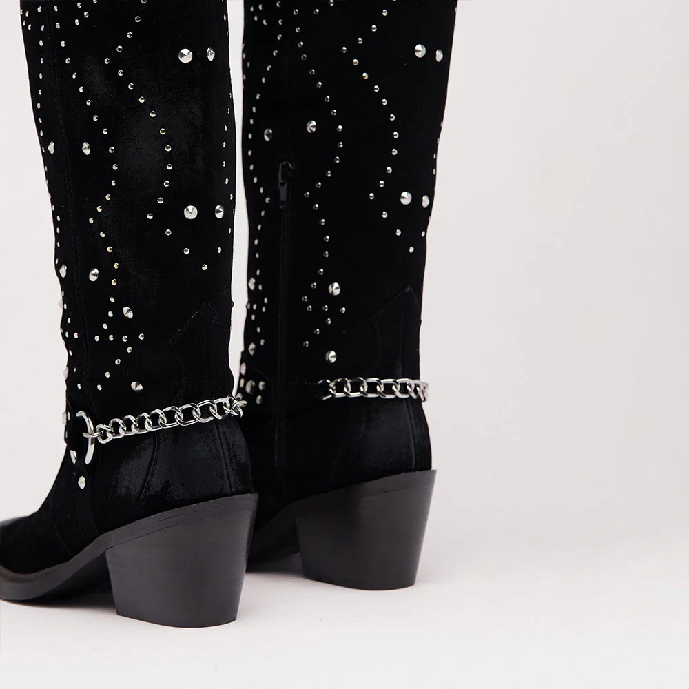 Black Vegan Suede Chunky Heel Knee High Cowgirl Boots with Studs