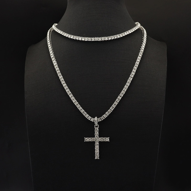 Ornament Simple Style Full Diamond Single Row Diamond Tennis Chain Men’s And Women’s Big Cross Pendant Necklace
