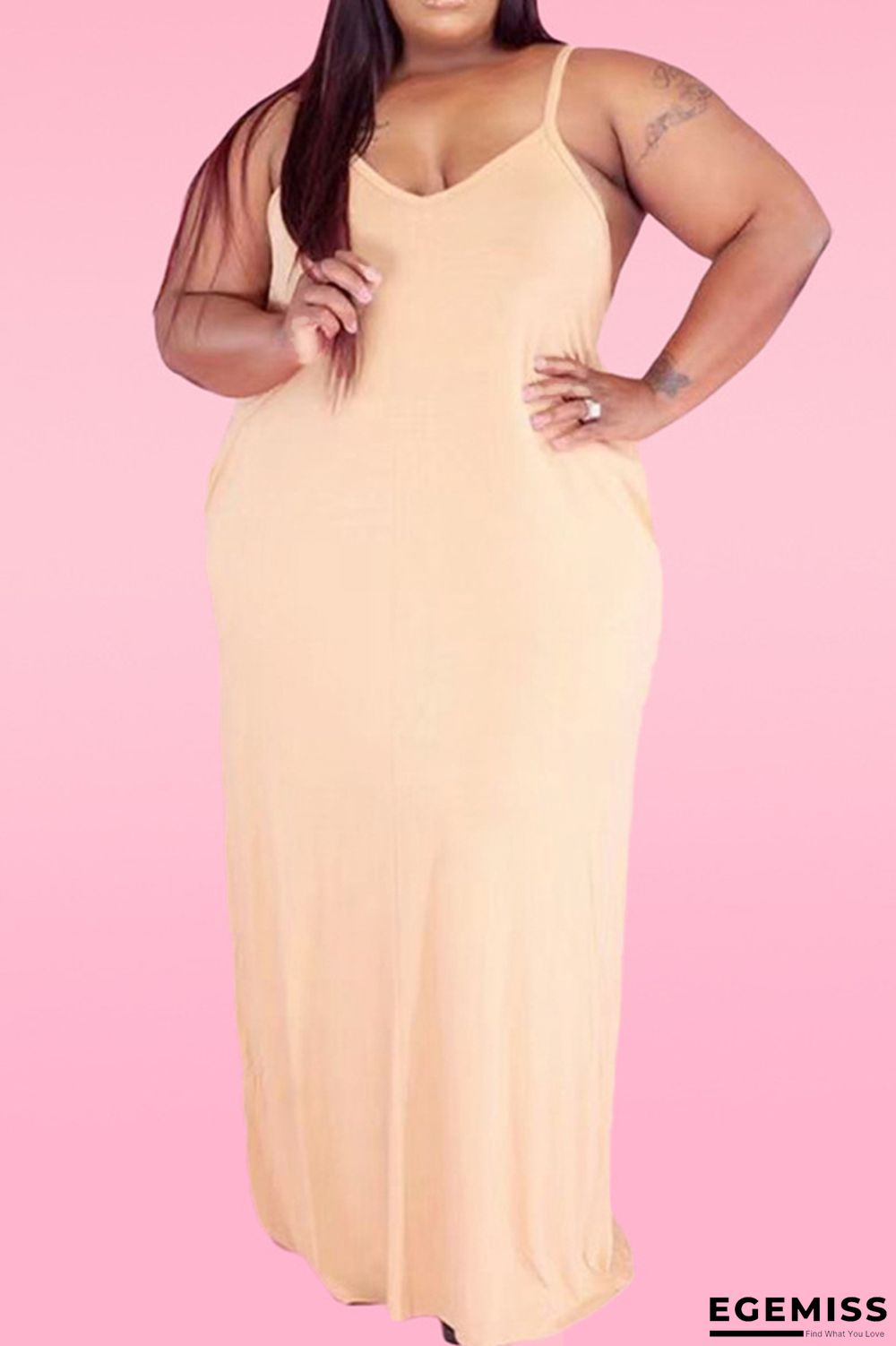 Apricot Sexy Casual Plus Size Solid Backless Spaghetti Strap Sleeveless Dress | EGEMISS