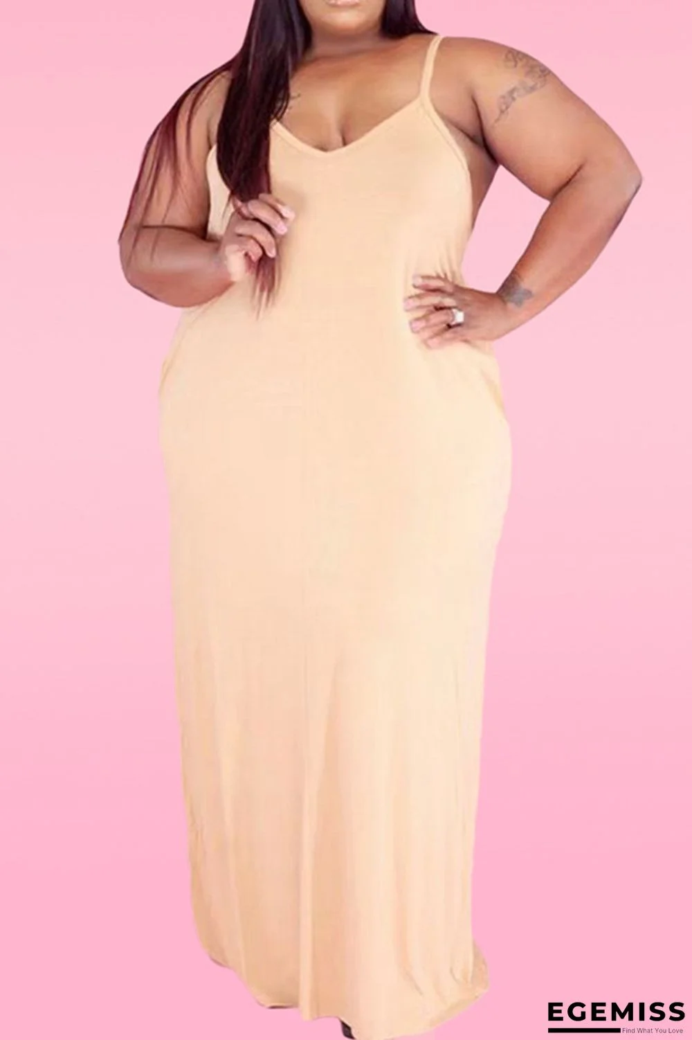 Apricot Sexy Casual Plus Size Solid Backless Spaghetti Strap Sleeveless Dress | EGEMISS