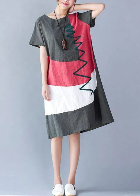 Loose patchwork linen cotton dresses design green Dresses summer