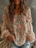 Women's Romantic Floral Embroidered Art Print Flowy Linen Blend Casual Tops