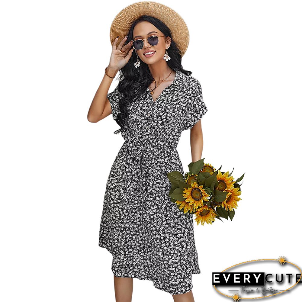 Black Floral Print Button Shirt Dress with Belt
