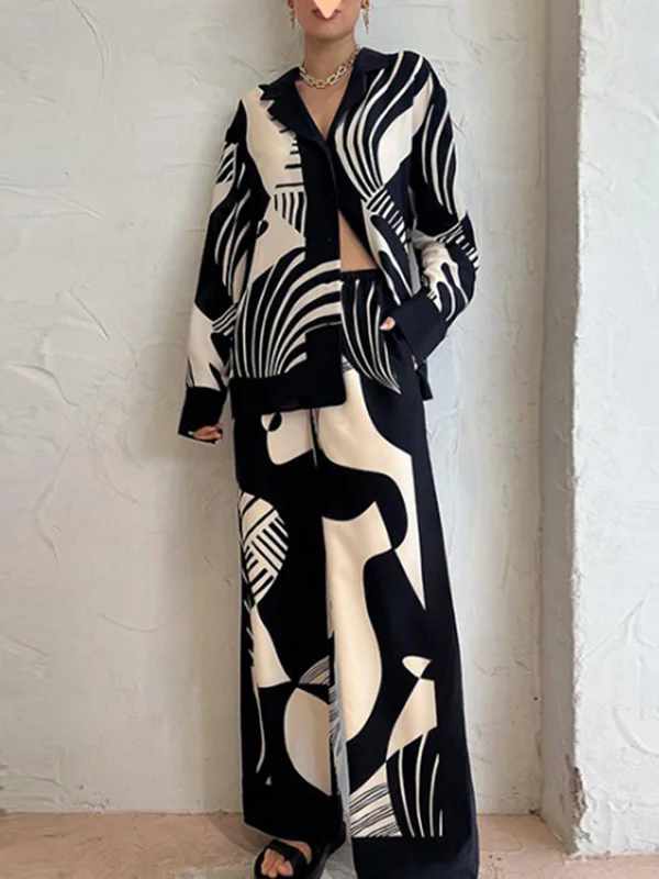 Long Sleeves Loose Contrast Color Pockets Printed Blouses&Pants Suits