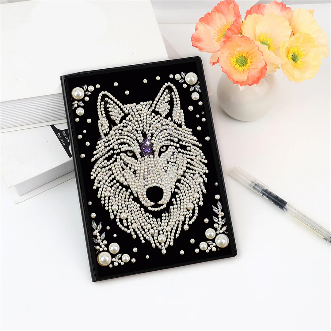 Wolves Partial Pearl DIY 50 Pages A5 Diamond Painting Notebook Special Shaped Diamond Art Diary Book Kits Wireless Strip 5D Crystal Art Paintings Sketchbook for Art Drawing