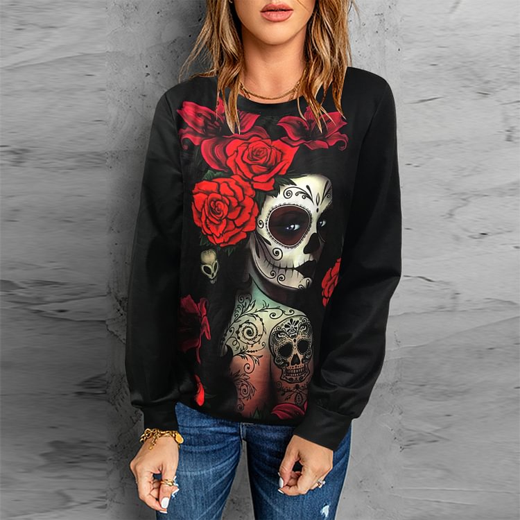 Women's Skull Hoodie Skeleton Sweatshirt Halloween Casual Loose Long Sleeves