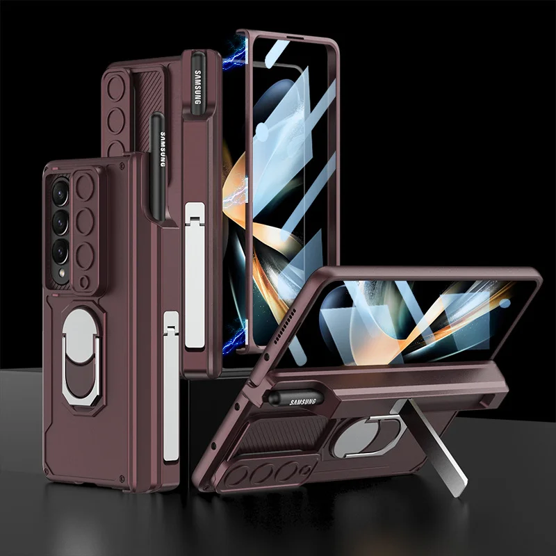 Luxury All Inclusive Phone Case With Rotating Finger Ring,Kickstand,Screen Protector,Push Lens Cover,Pen Slot And Magnetic Hinge For Galaxy Z Fold4