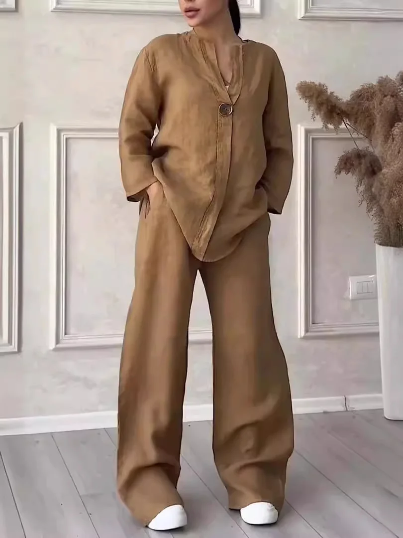 Uveng Uveng Fashion Women's Comfortable Loose Top Broad Leg Trousers Casual Cotton Set