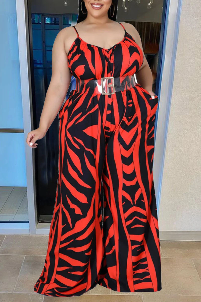 Casual Print Split Joint Backless Spaghetti Strap Loose Jumpsuits