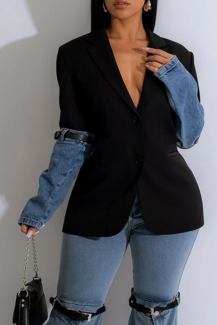 Plus Size Casual Black Fall Winter Turndown Collar Long Sleeve Contrast Cotton Blazer