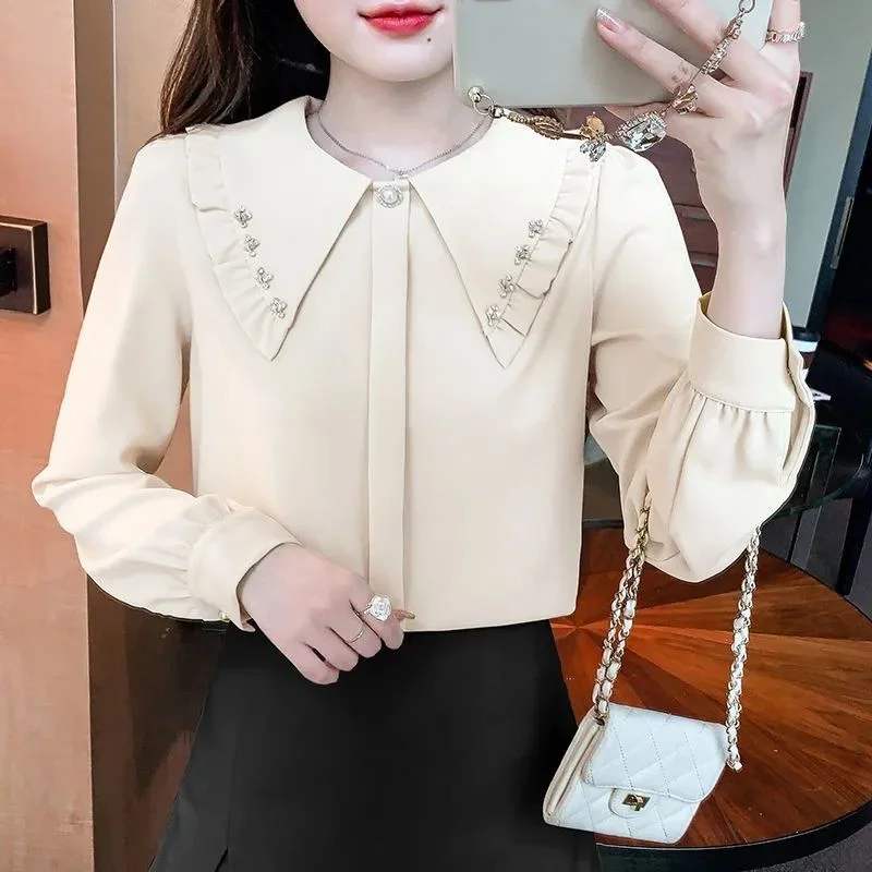 Jangj Spring Summer Peter Pan Collar Solid Chiffon Blouse Korean Sweet Style Long Sleeve Shirts for Female New Fashion Clothing