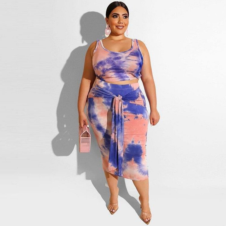 Oversized Skirt and Top Ladies Tracksuits Print Two Piece Set Skirt Set Plus Size Tracksuits Women Sleeveless Crop Tops