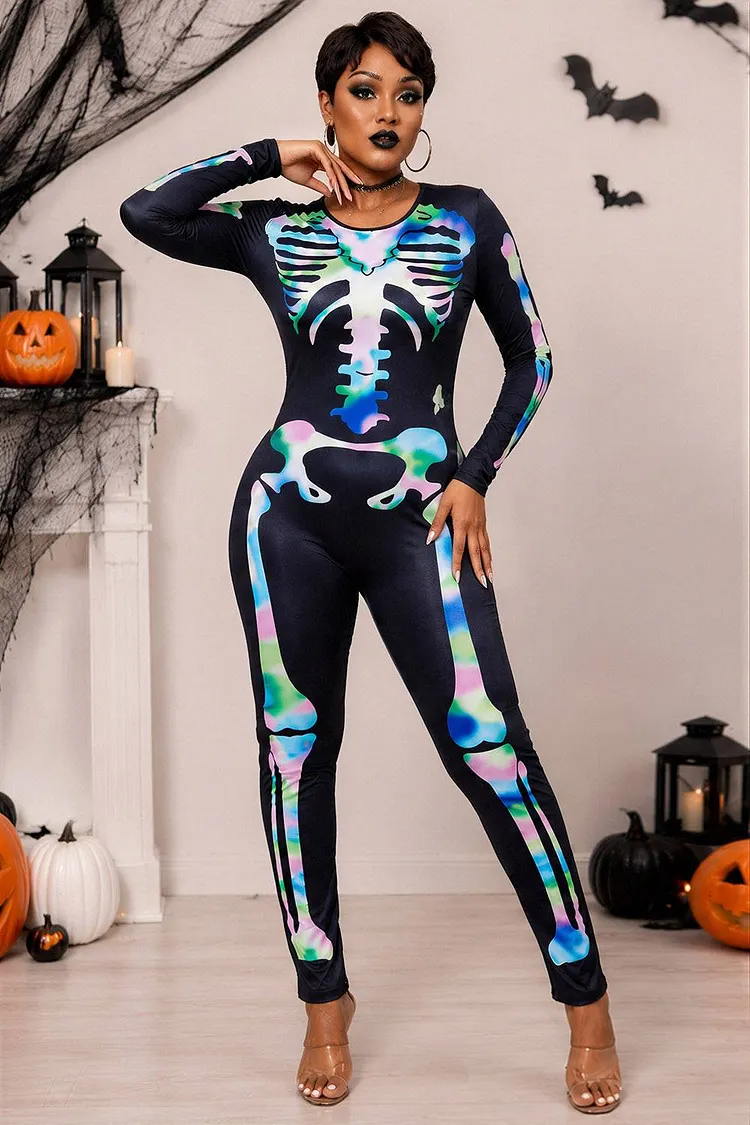 Xpluswear Design Plus Size Halloween Costume Skeleton Print Long Sleeve Round Neck Jumpsuit（Ships 24h） 2024 - Xpluswear