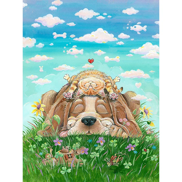 Full Round Diamond Painting - Puppy And Cat Sleeping On The Grass 30*40CM