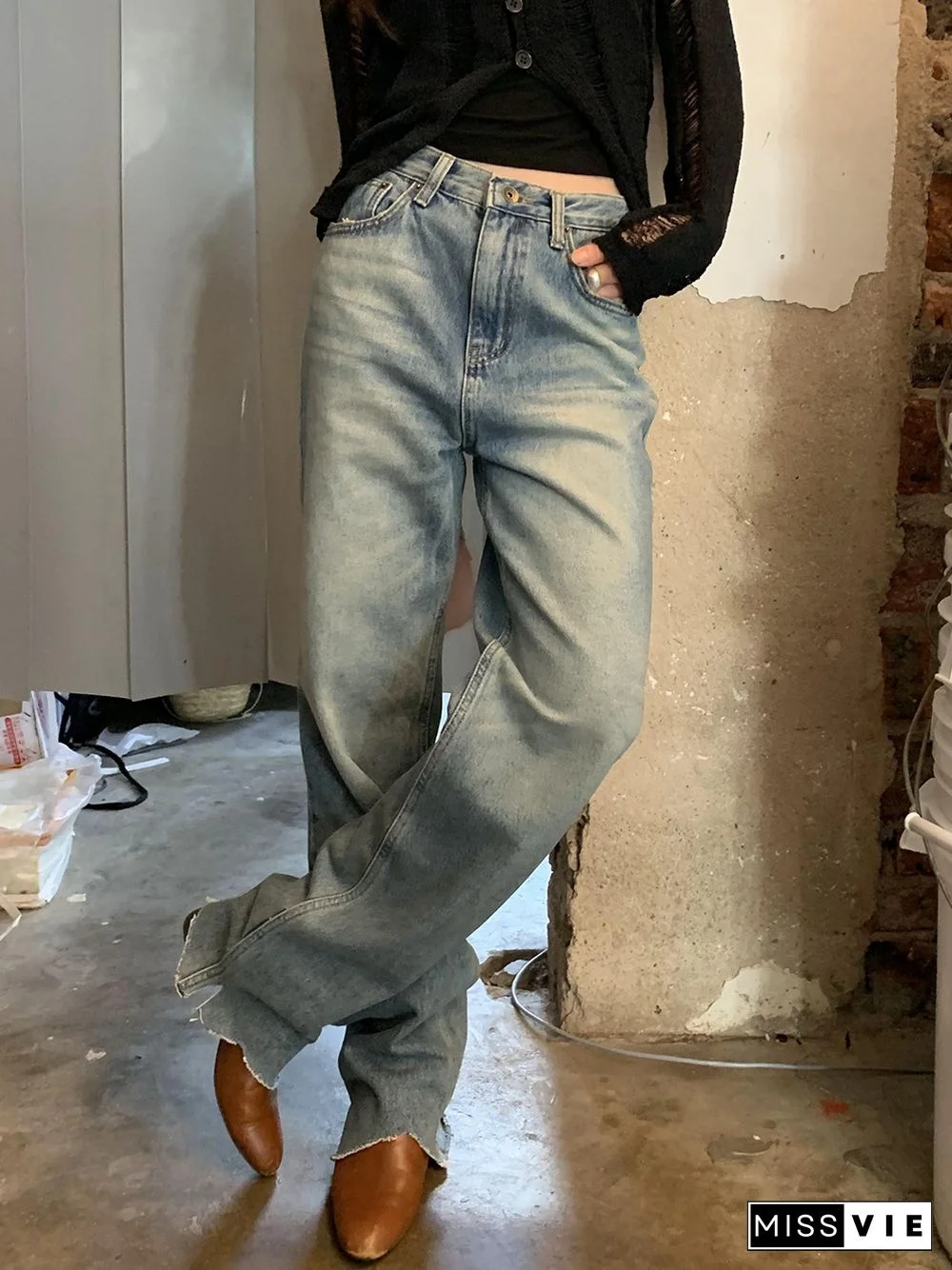 Ripped Raw Hem Low Waist Straight Leg Crop Jeans