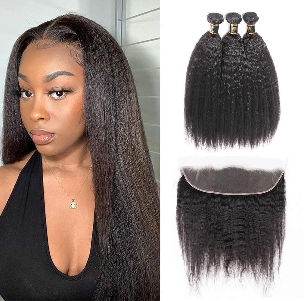 100% Unprocessed Brazilian Virgin Kinky Straight Human Hair 3 Bundles with 13x4 Lace Frontal Natural Black Color Hair Extension Zaesvini